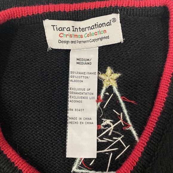 VTG Tiara Int'l M Black Ugly Christmas Sweater Zipper Cardigan Santa Embroidered - Picture 12 of 16
